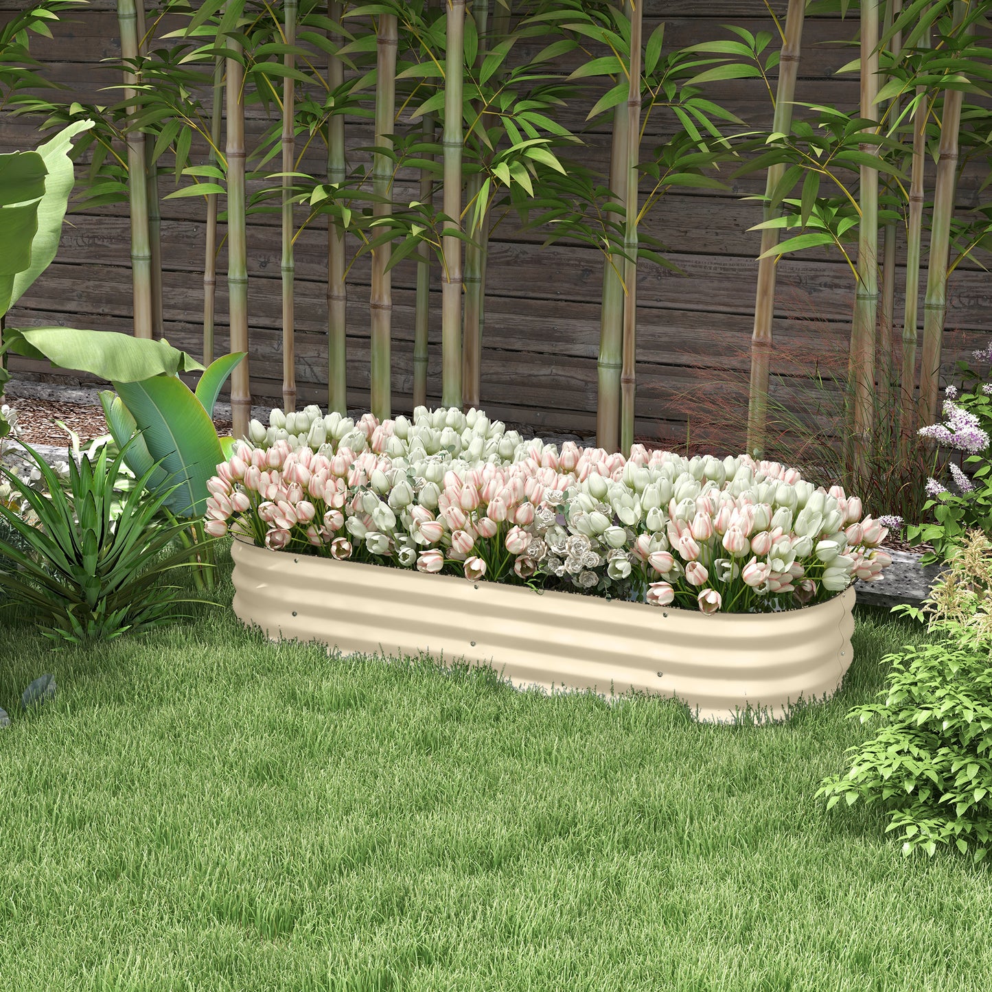 Outsunny Galvanised Raised Garden Bed With Safety Edging Cream White Outdoor Planter For Flowers Herbs Succulents