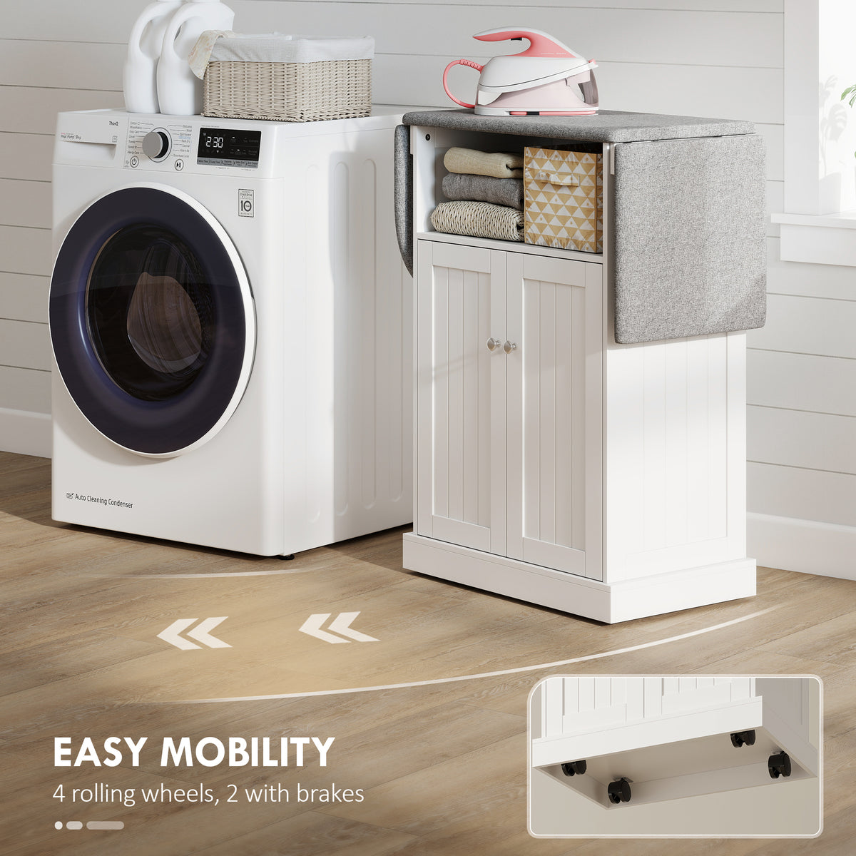 HOMCOM Mobile Ironing Board Cabinet on Wheels with Foldable Top and Storage