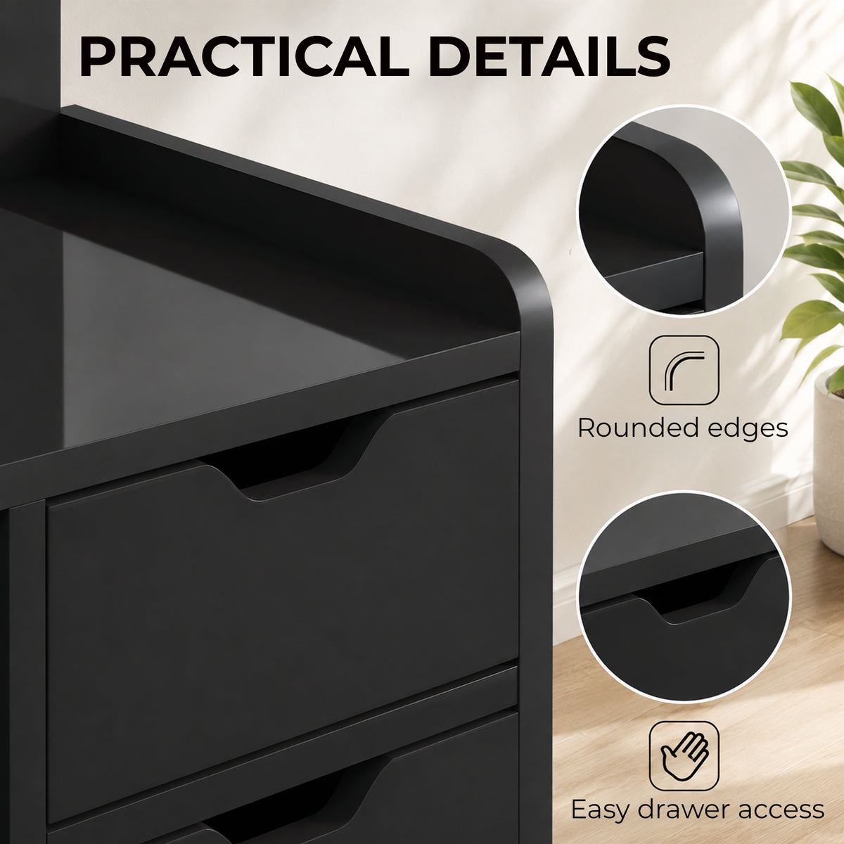 HOMCOM Black Wood Effect Bedside Table With Drawers And Shelf