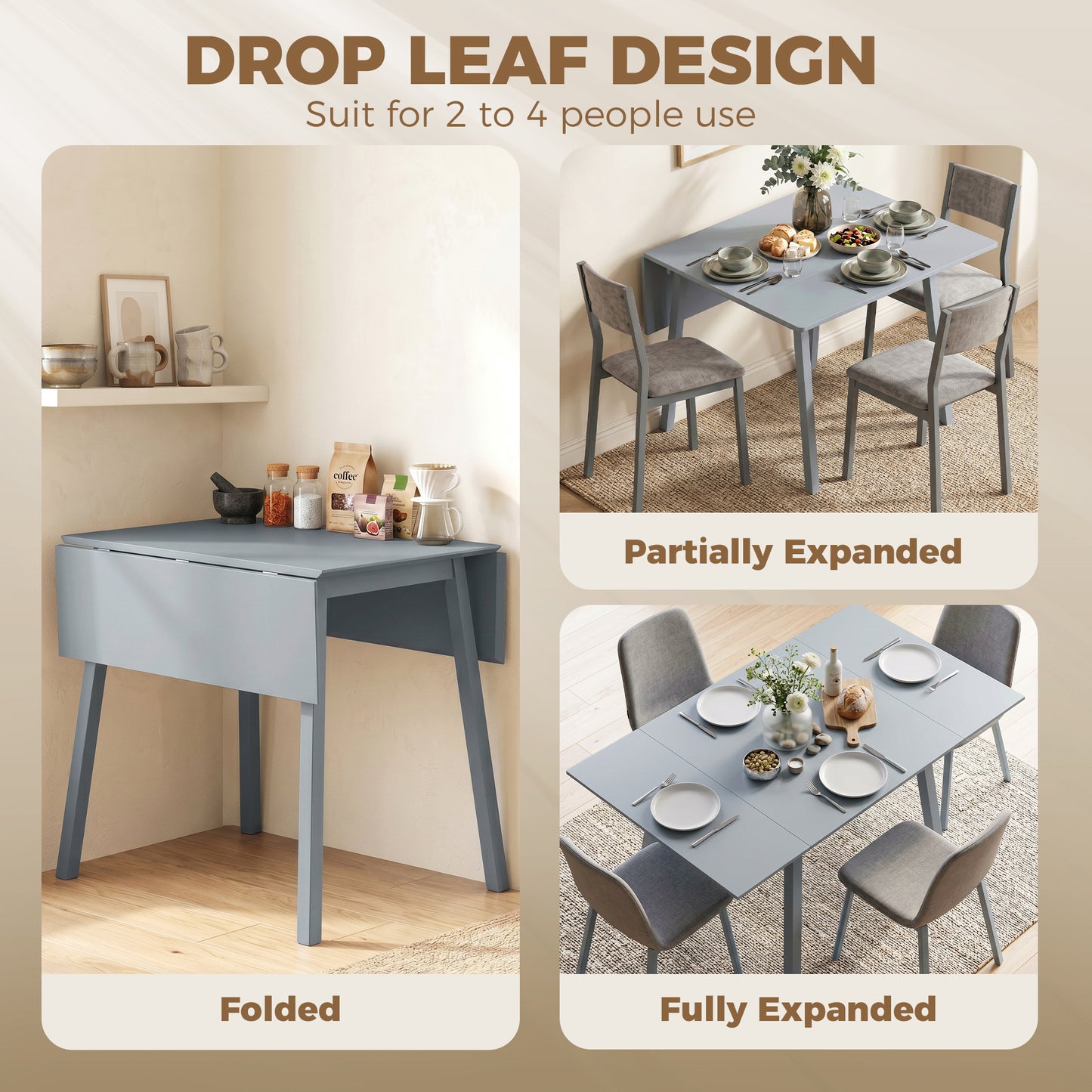 HOMCOM Solid Pine Wood Folding Dining Table Drop Leaf Expandable Rectangle Kitchen Table For Two To Four People