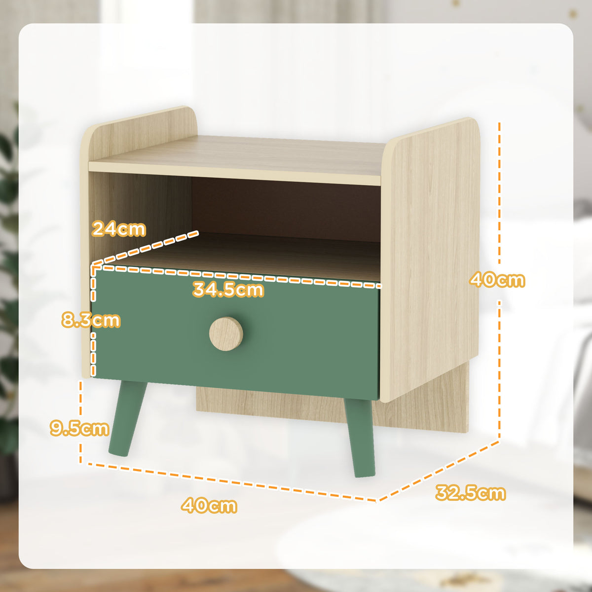AIYAPLAY Kids Wooden Bedside Table With Drawer And Open Storage Shelf Green