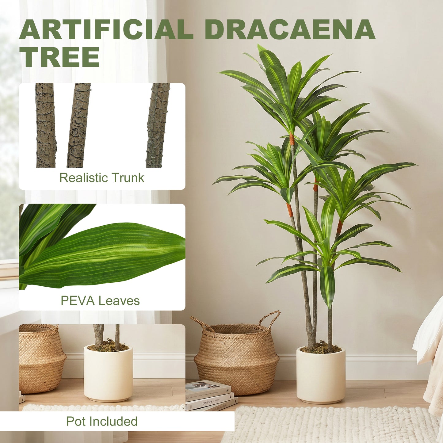 HOMCOM 150cm Artificial Dracaena Tree With Bendable Trunks And Lifelike PEVA Leaves Green Indoor Decor