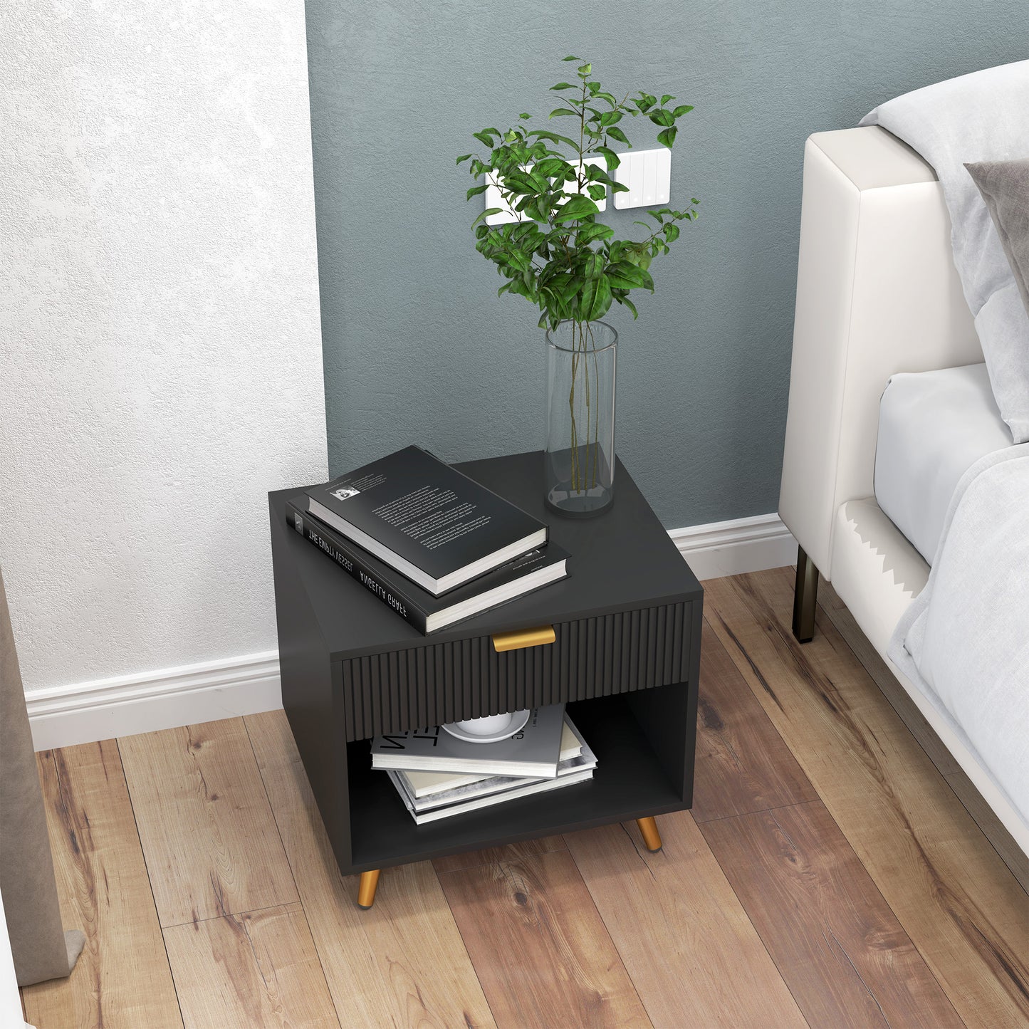 HOMCOM Elegant Bedside Table Set of 2 With Drawer and Shelf Black Gold Tone Finish