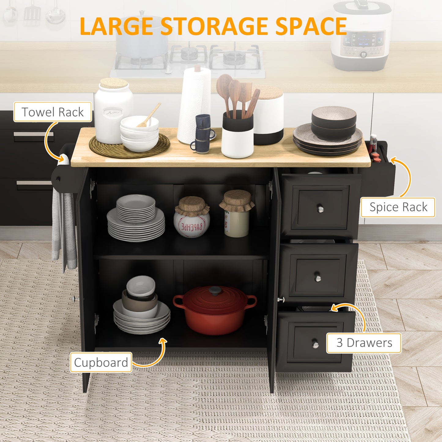 HOMCOM Kitchen Island On Wheels With Drop Leaf Black Rubberwood Top Rolling Storage Trolley Featuring 3 Drawers