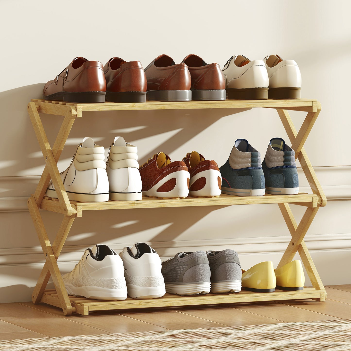 HOMCOM Three Tier Folding Bamboo Shoe Rack Natural Finish Holds Up To Nine Pairs Of Shoes And Boots