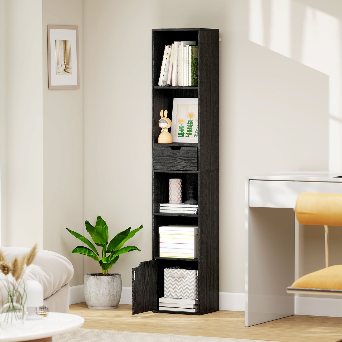 HOMCOM 6-Tier Tall Narrow Bookcase With Drawer And Door Black Finish Perfect For Small Living Rooms