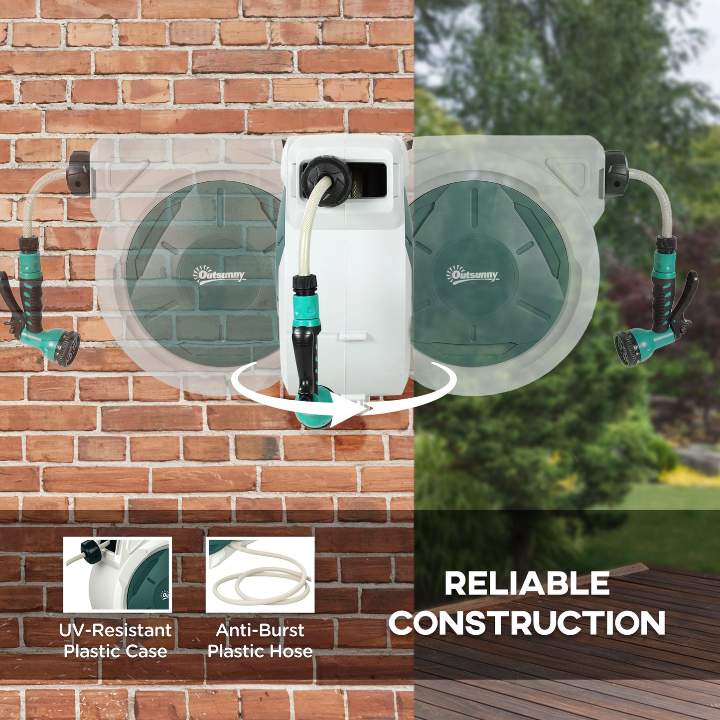 Outsunny Retractable Wall Mounted Hose Reel 20m Plus 2m With Auto Rewind 180 Degree Swivel 7 Way Nozzle