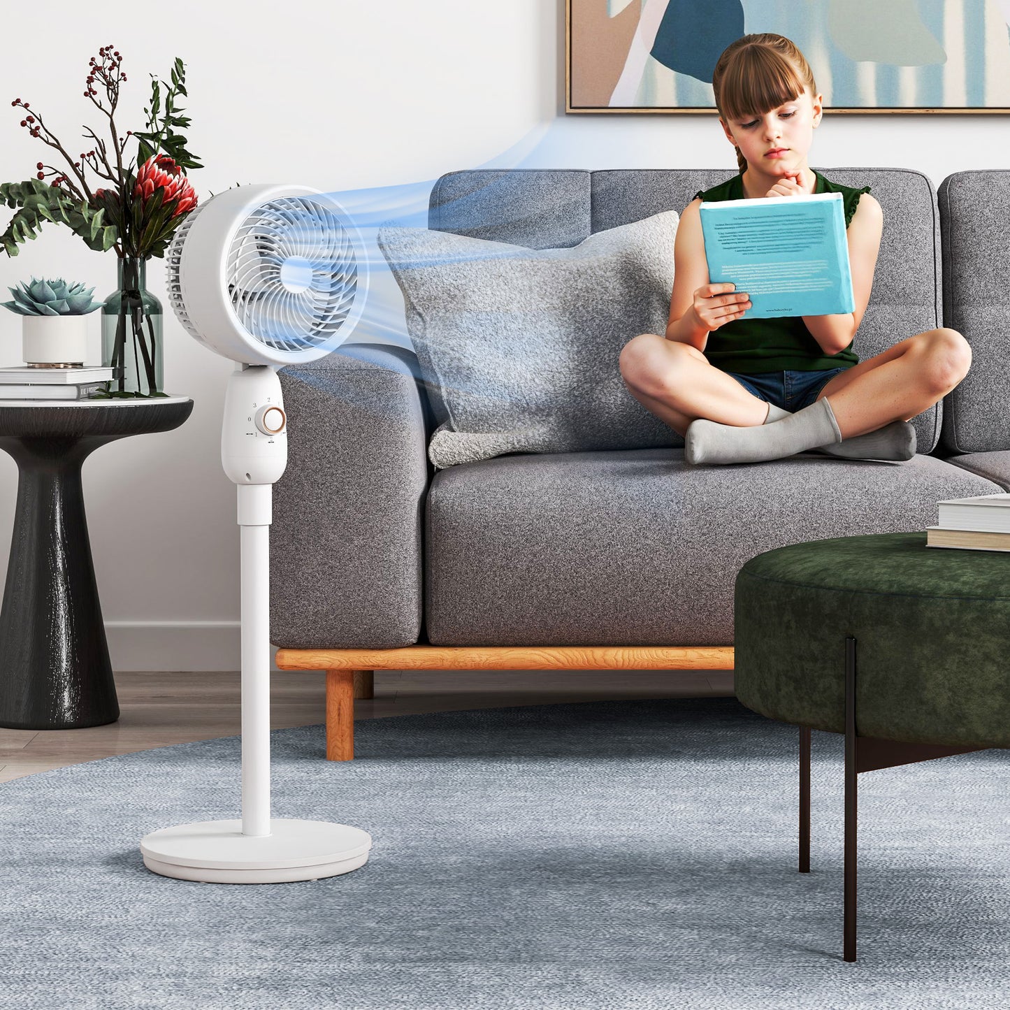 HOMCOM 12 Inch Pedestal Floor Standing Fan With 3 Speed Settings Oscillating Function For Bedroom Home Office White