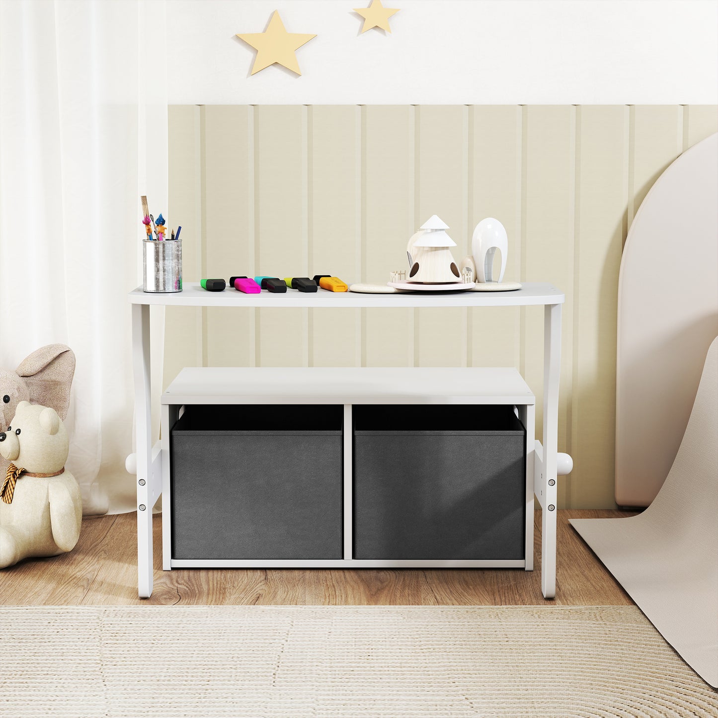 AIYAPLAY 3 In 1 Kids Storage Bench Table And Chair Set With 2 Fabric Bins Toy Storage Box White