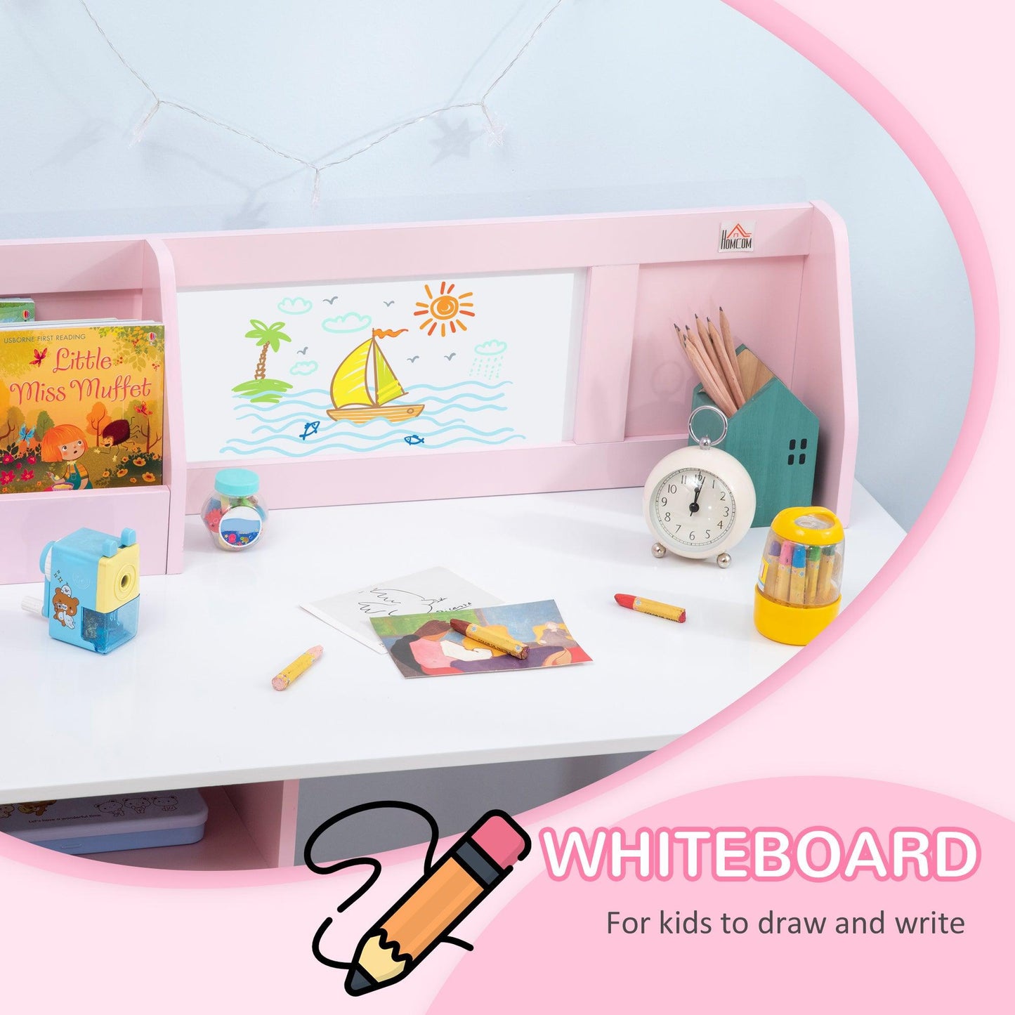 HOMCOM 2 PCs Childrens Table and Chair Set w/ Whiteboard Storage - Pink - ALL4U RETAILER LTD