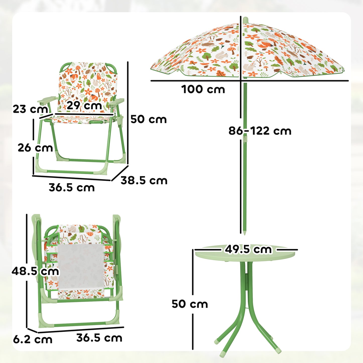 AIYAPLAY 4 Piece Kids Garden Table And Chair Set With Adjustable Parasol Folding Chairs And Table Nature Pattern Green