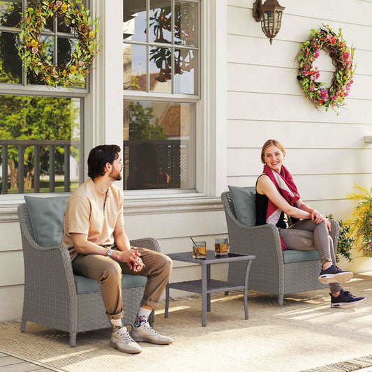 Outsunny Rattan Garden Chairs Set 2 With Cushions High Back Armrests PE Wicker Steel Frame Balcony Porch Light Grey