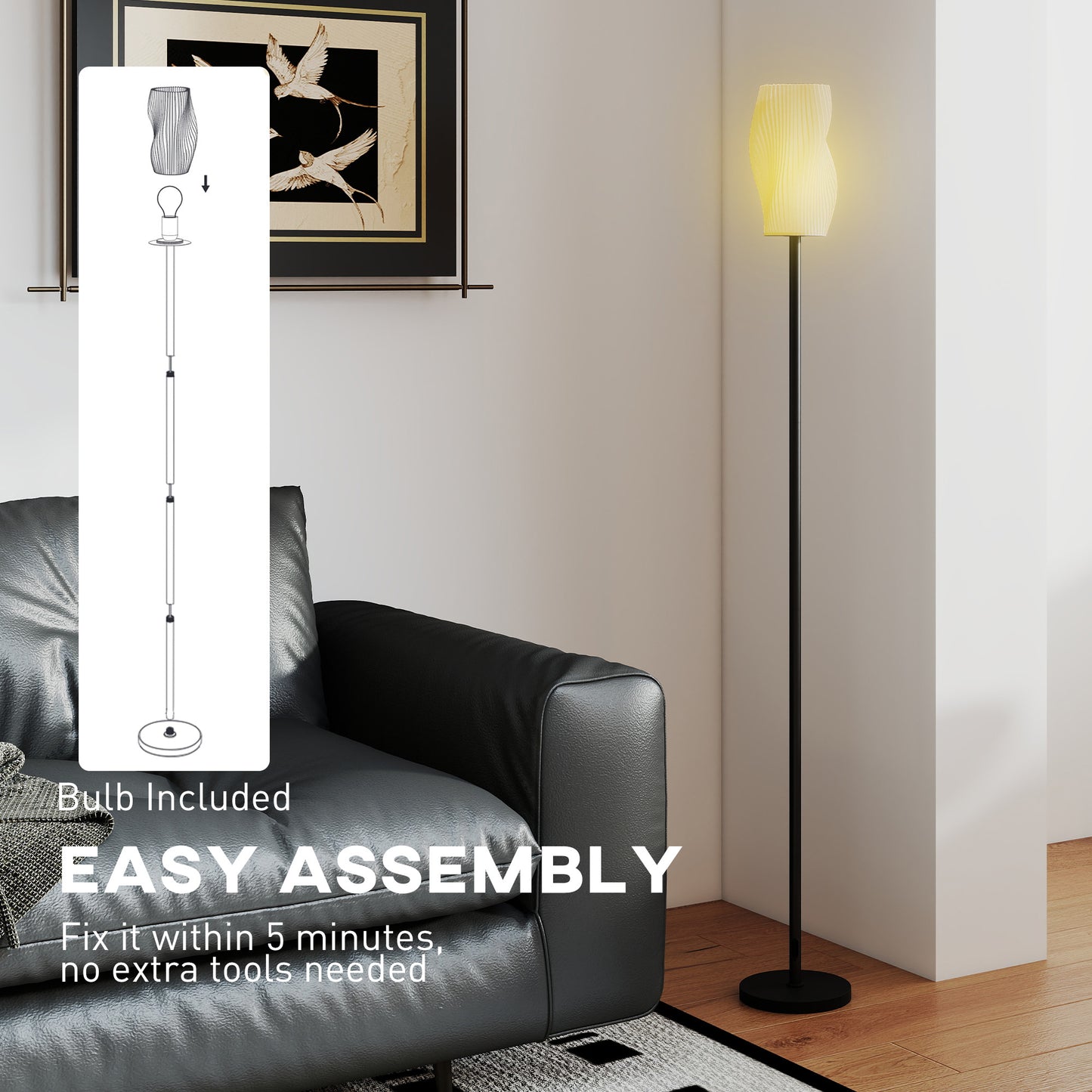 HOMCOM White Floor Lamp Modern 3D Printed Shade With Flowing Curves 3 Color Temperatures Foot Switch Living Room