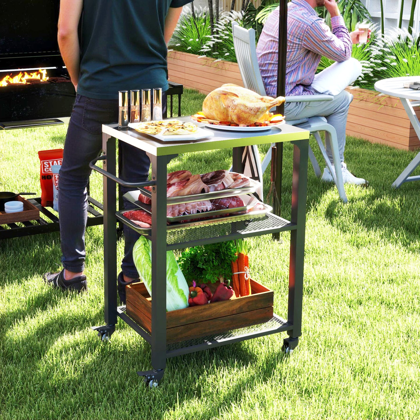 Outsunny Outdoor Grill Cart With Stainless Steel Top Three Shelf Kitchen Island On Wheels 3 Hooks Food Prep Table