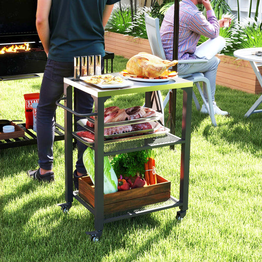 Outsunny Outdoor Grill Cart With Stainless Steel Top Three Shelf Kitchen Island On Wheels 3 Hooks Food Prep Table