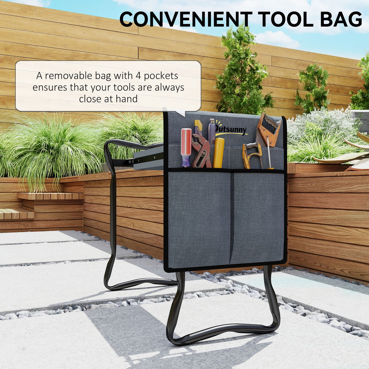 Outsunny Garden Kneeler With Steel Frame Padded Seat Foldable With Tool Bag Grey