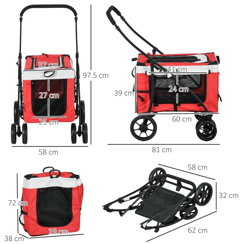 PawHut Foldable Dog Stroller with Detachable Carrier, Pet Travel Crate, Soft Padding - Ideal for Mini and Small Dogs - Red - ALL4U RETAILER LTD