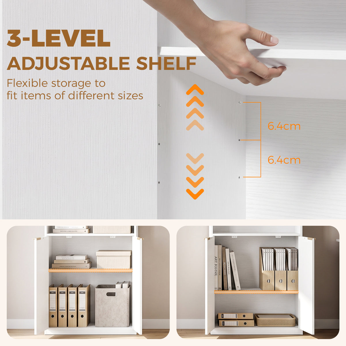 White tall bookcase showing adjustable shelves with 3-level storage compartments.