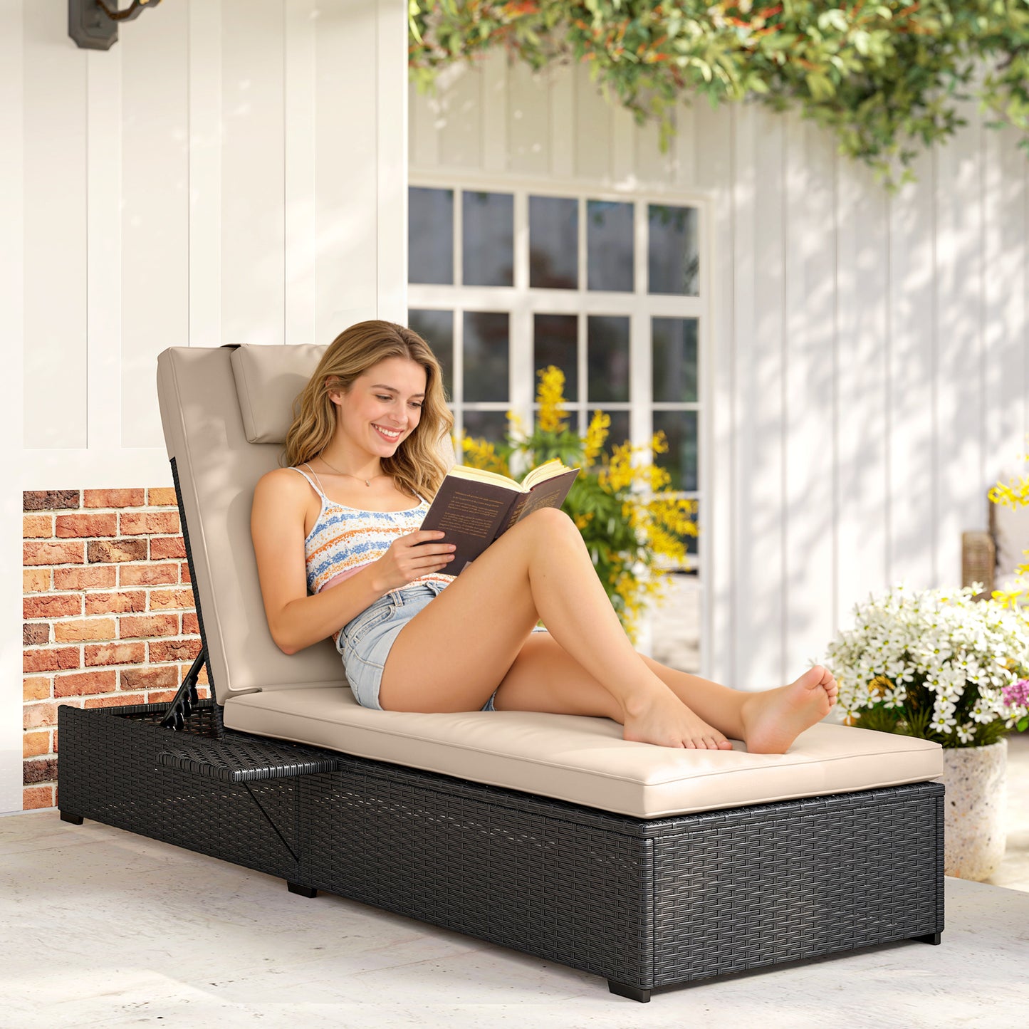Outsunny Rattan Sun Lounger With Five Position Reclining Back Side Tray And Cushioned Seat In Black