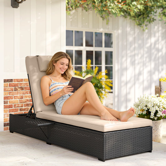 Outsunny Rattan Sun Lounger With Five Position Reclining Back Side Tray And Cushioned Seat In Black