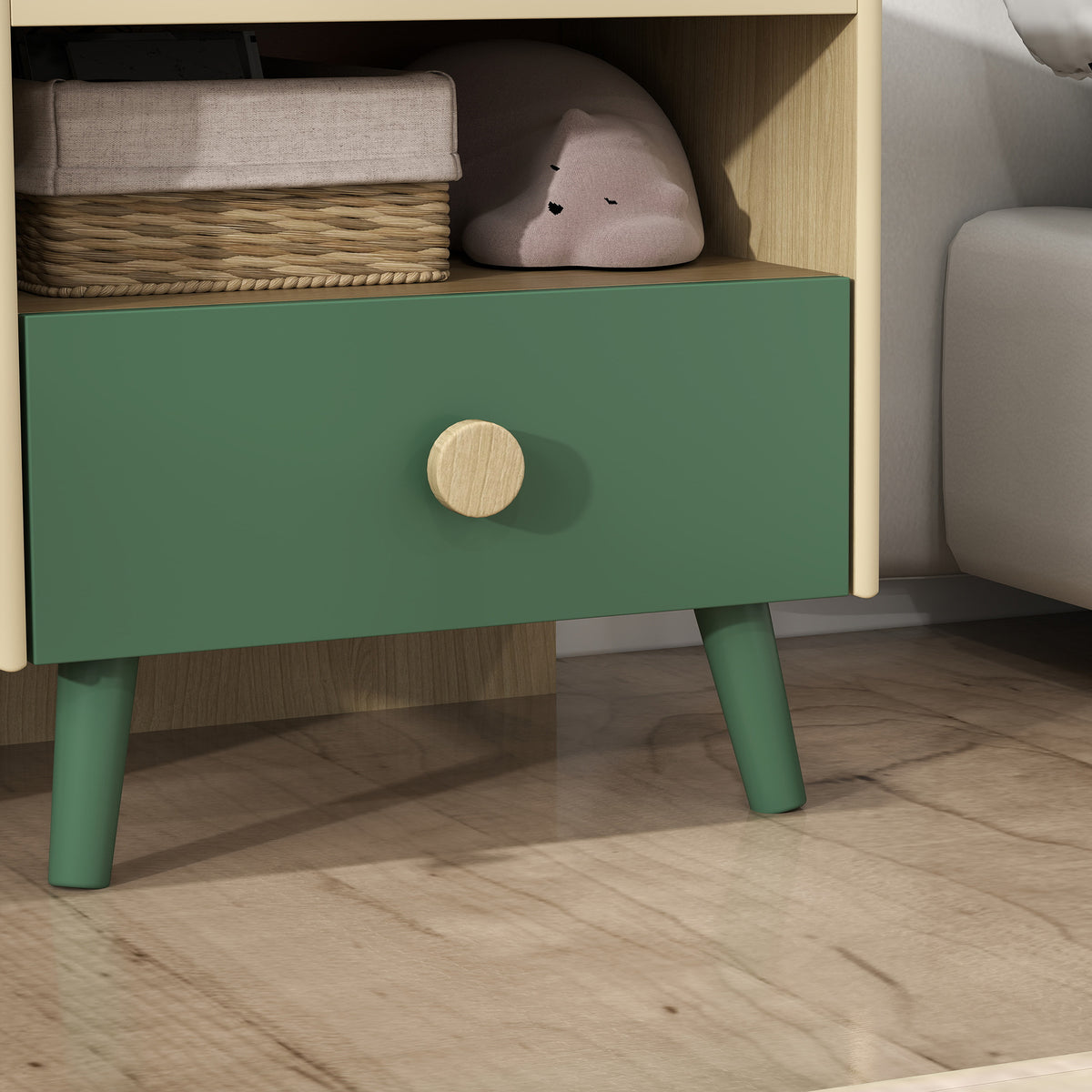 AIYAPLAY Kids Wooden Bedside Table With Drawer And Open Storage Shelf Green