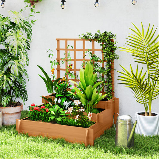 Outsunny 3 Tier Garden Planters With Trellis For Vine Climbing Wooden Raised Beds 95x95x110cm Brown