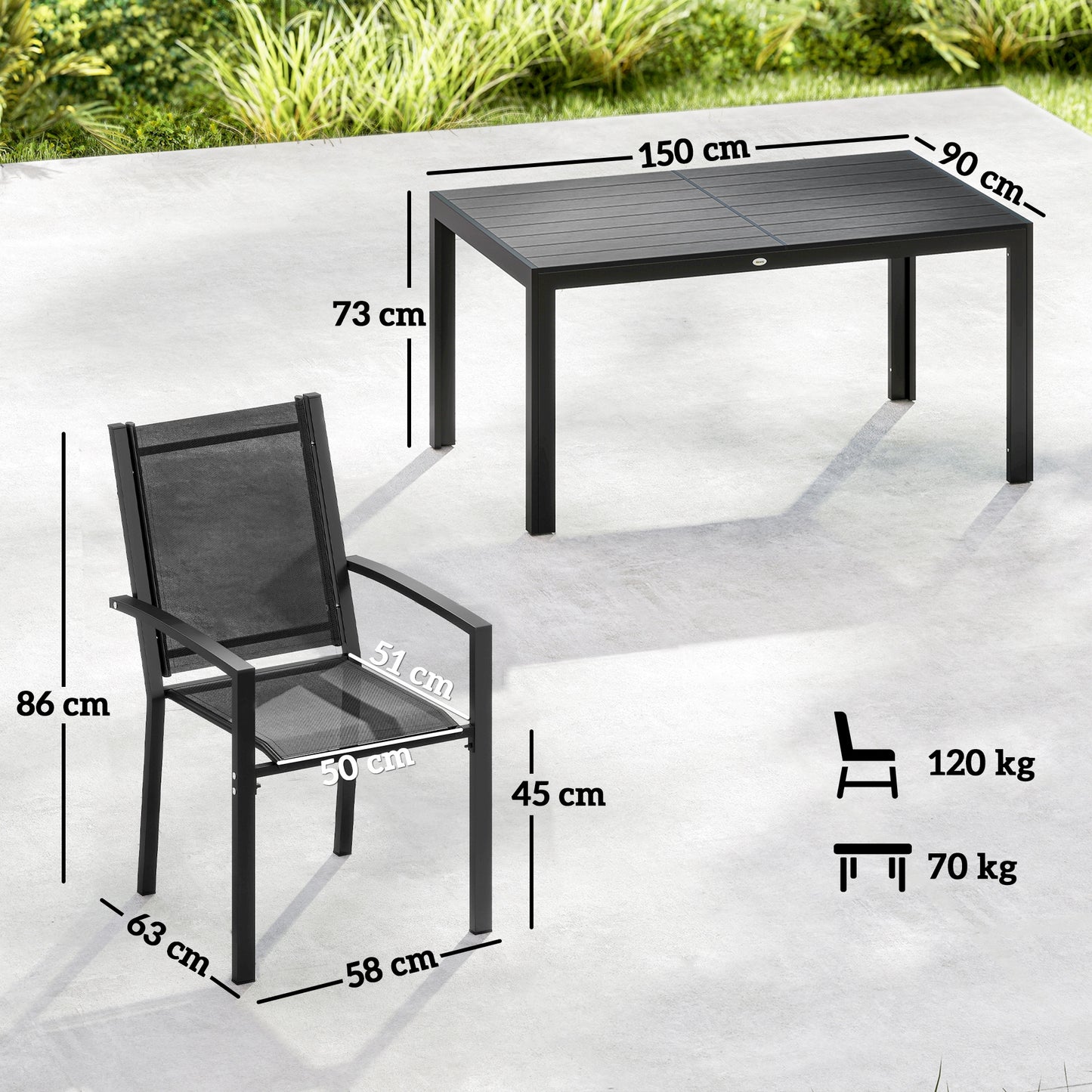 Outsunny Seven Piece Garden Dining Set With Plastic Wood Top Table Six Stackable Chairs Black Outdoor Patio Furniture
