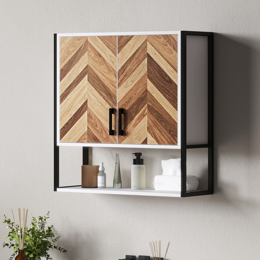HOMCOM Wall Mounted Bathroom Medicine Cabinet With Two Doors Open Shelf And Adjustable Shelves Walnut Finish