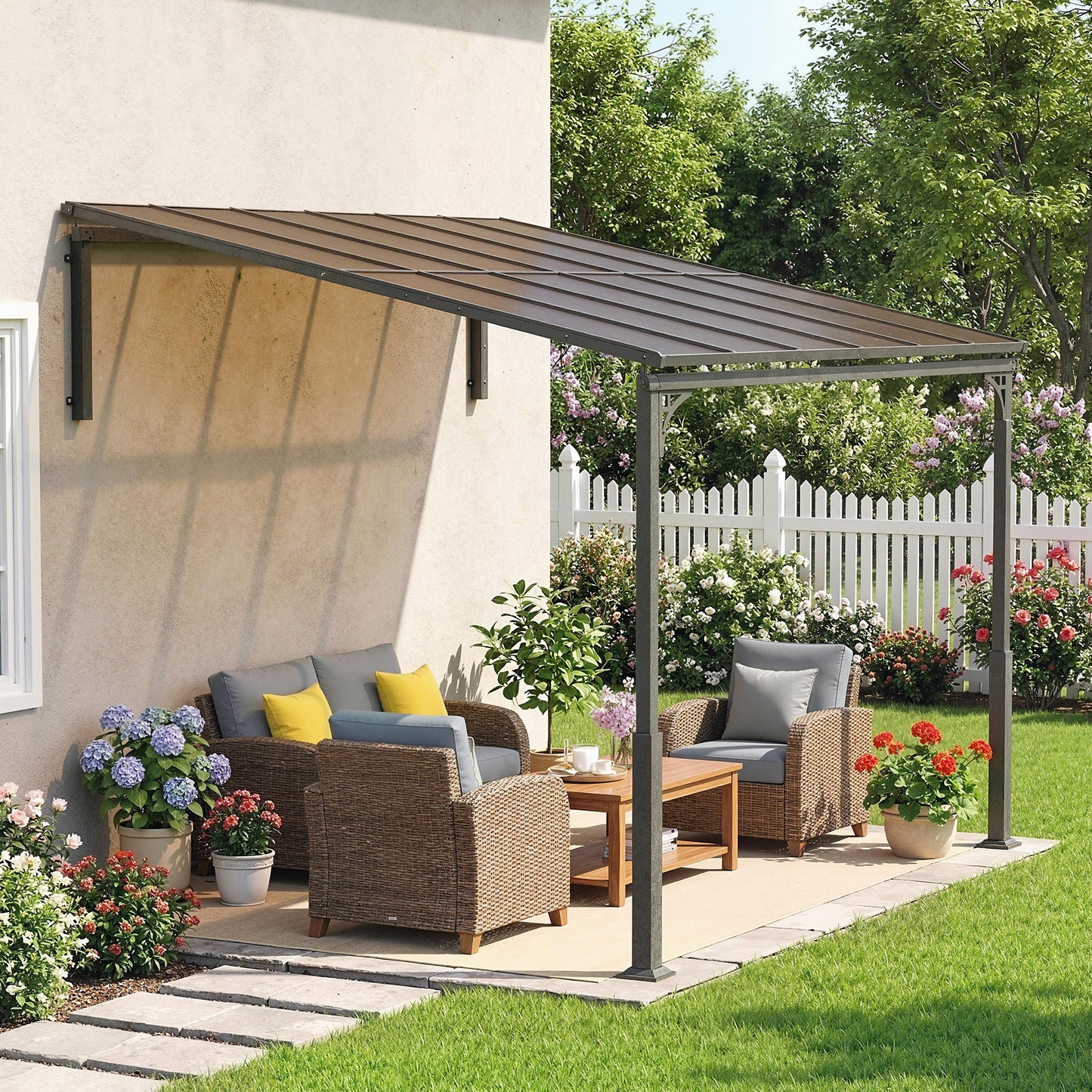 Outsunny 3.4 x 3 m Wall Mounted Metal Lean To Pergola With Polycarbonate Roof Aluminium Frame Brown Garden Patio