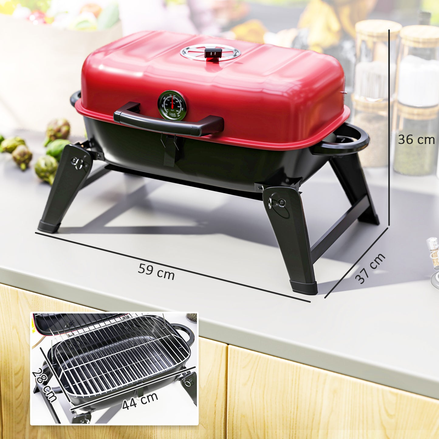 Outsunny Charcoal Folding Barbecue Grill With 1232 CM2 Cooking Area Adjustable Vent Thermometer And Handles Red