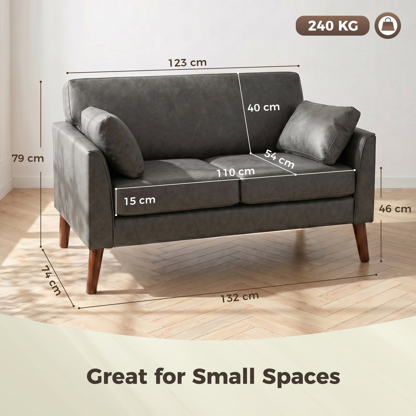 HOMCOM 2 Seater Sofa 132 Cm For Small Spaces With Solid Wood Legs And 2 Pillows In Grey Pebbled PU Leather