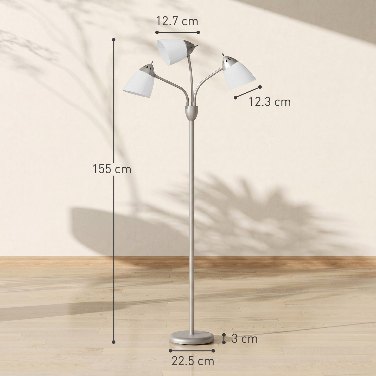 HOMCOM Arc Tree Floor Lamp With Three Adjustable Rotating Lights Industrial Standing Lamp Steel Frame Silver Tone