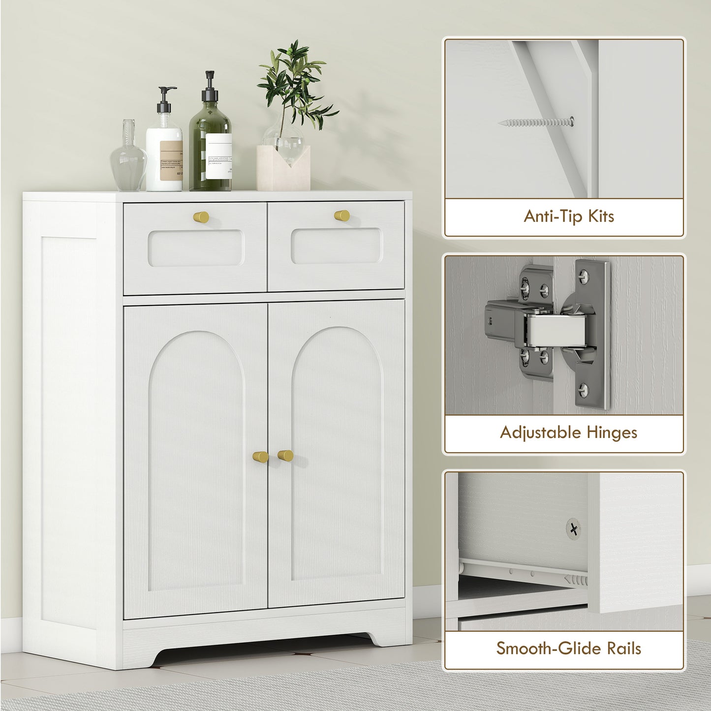 HOMCOM White Bathroom Floor Cabinet With Two Drawers And Adjustable Shelf For Towels Skincare And Essentials