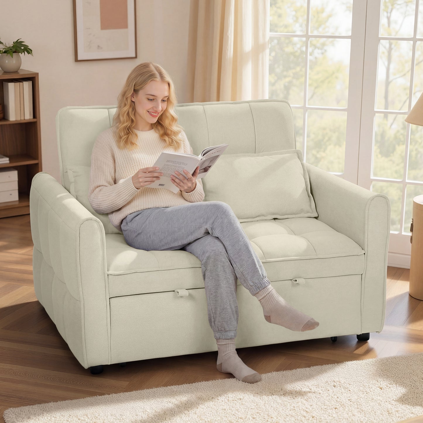HOMCOM 2 Seater Sofa Bed 3 In 1 Convertible Sleeper Sofa With Click Clack Adjustable Backrest And 2 Pillows Light Brown
