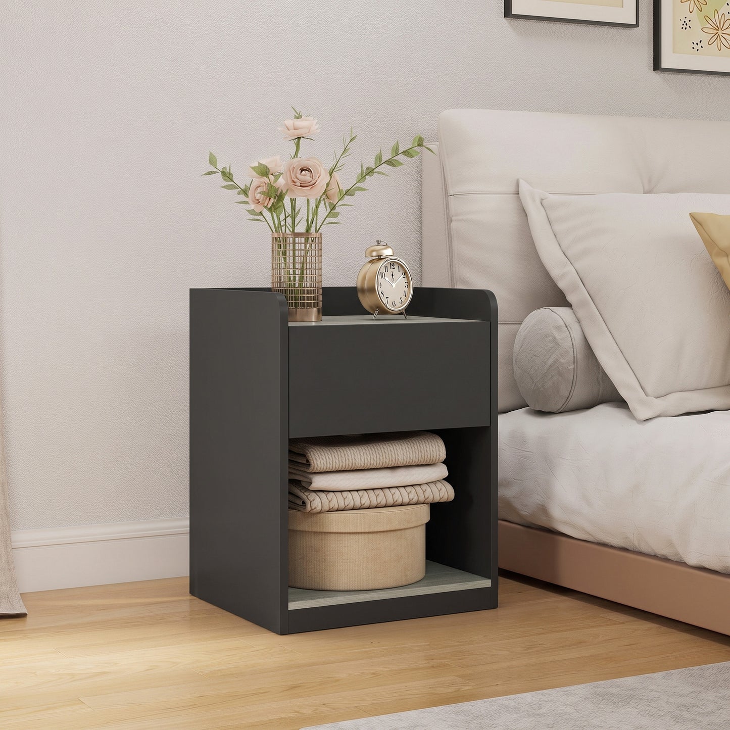 Modern Bedside Nightstand With Drawer Shelf And Cable Holes Grey