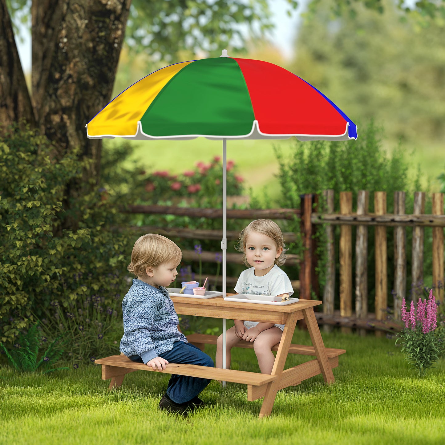 AIYAPLAY Kids Picnic Table With Sand And Water Bins Two Benches Adjustable Parasol Storage Multicolour Garden Furniture