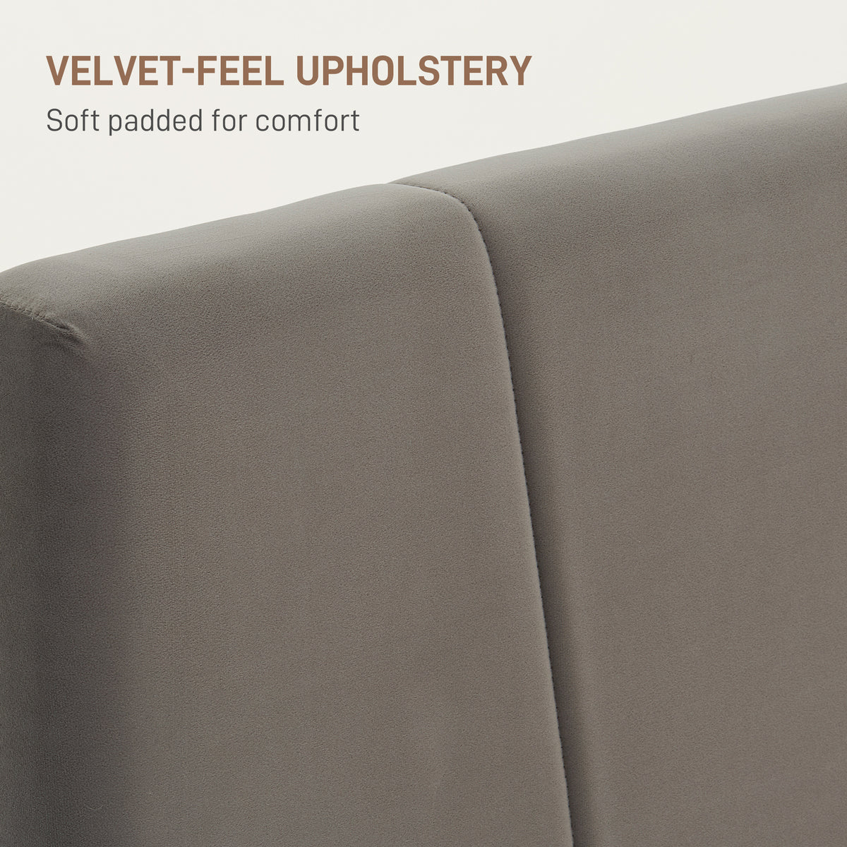 Grey velvet-feel upholstered headboard with smooth, soft padded texture