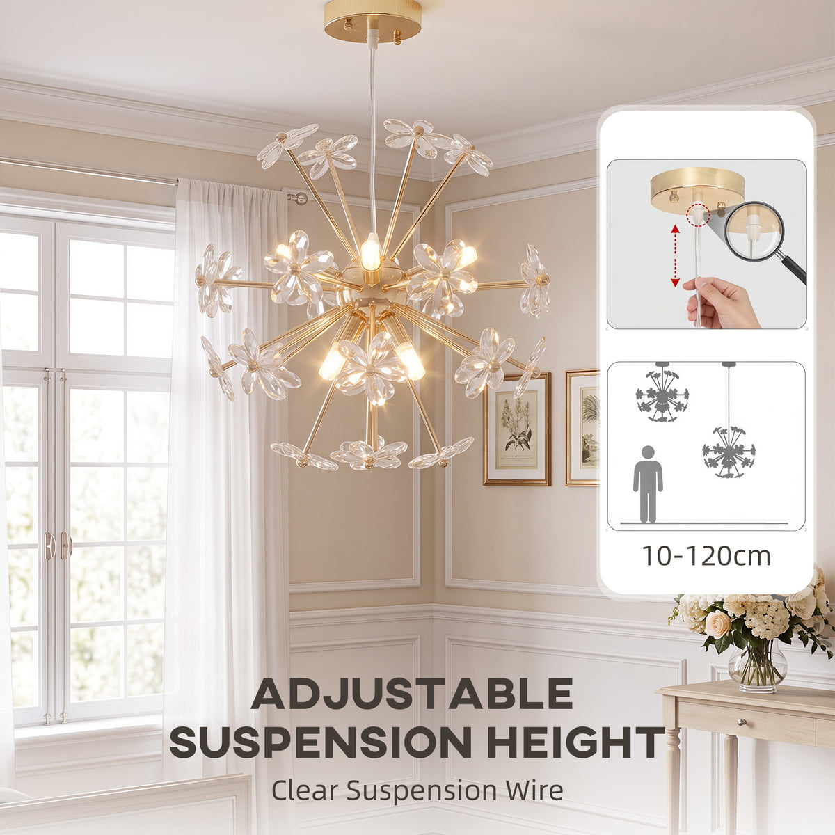 HOMCOM Crystal Flower Ceiling Chandelier With Adjustable Height