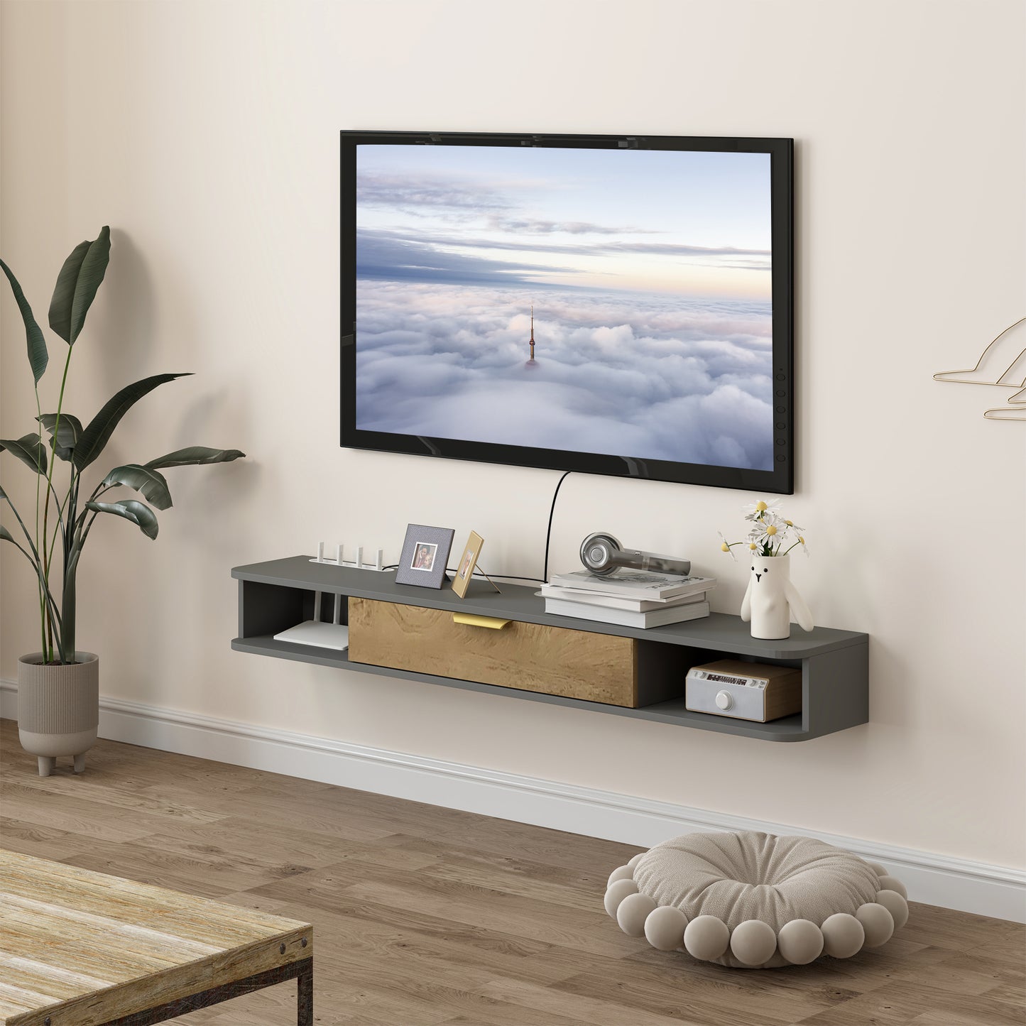 Homcom 140cm Floating Tv Stand With Storage Charcoal Wall Mounted Tv Cabinet Two Open Compartments And Cable Management