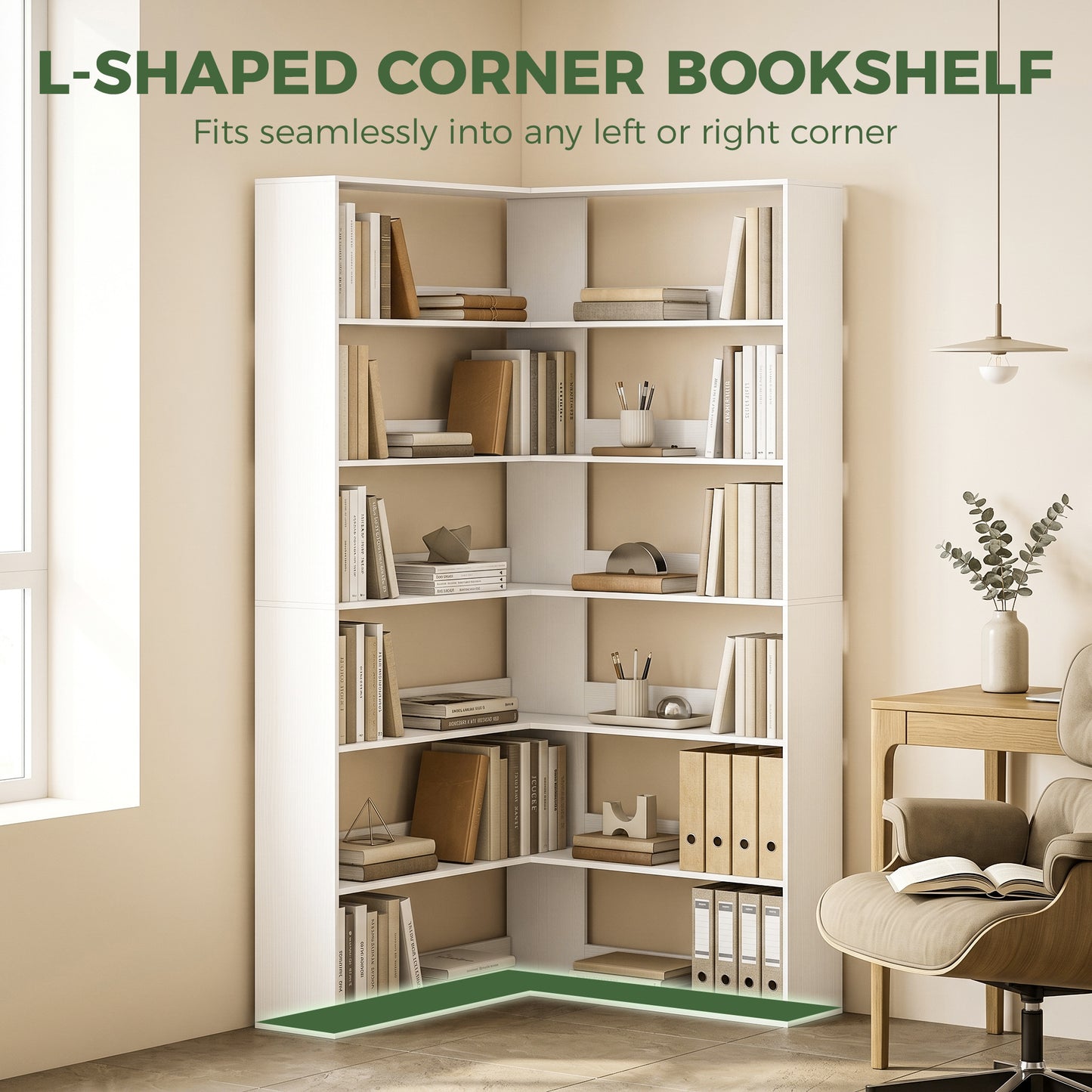 HOMCOM 7 Tier L Shaped Corner Bookshelf White Wood Effect 180 cm Tall With Anti Slip Rear Guard