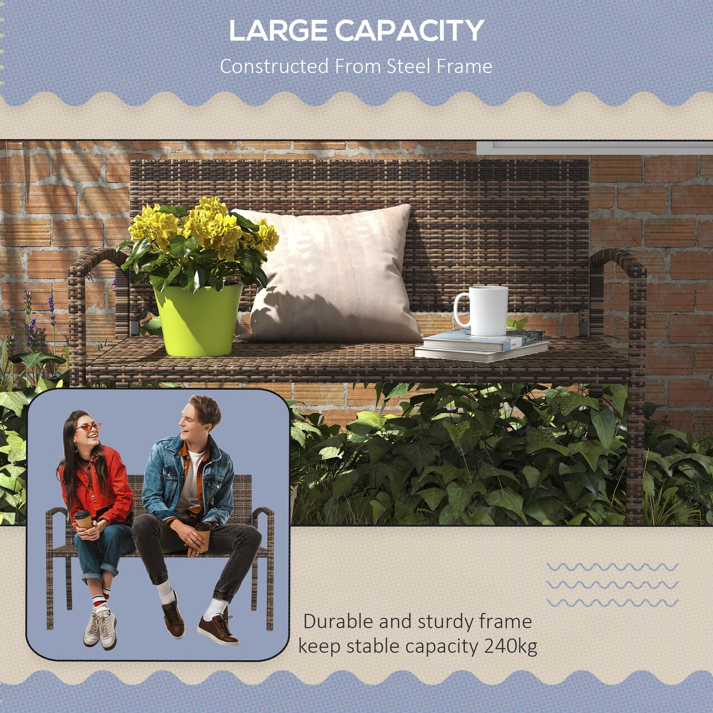 Outsunny All Weather Wicker Garden Loveseat 2 Seater Poly Rattan Garden Bench Outdoor Seating Brown