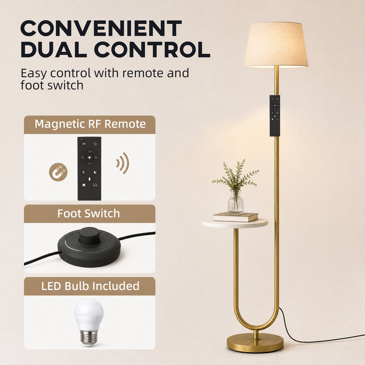 Dimmable floor lamp with linen shade, magnetic RF remote, and foot switch controls