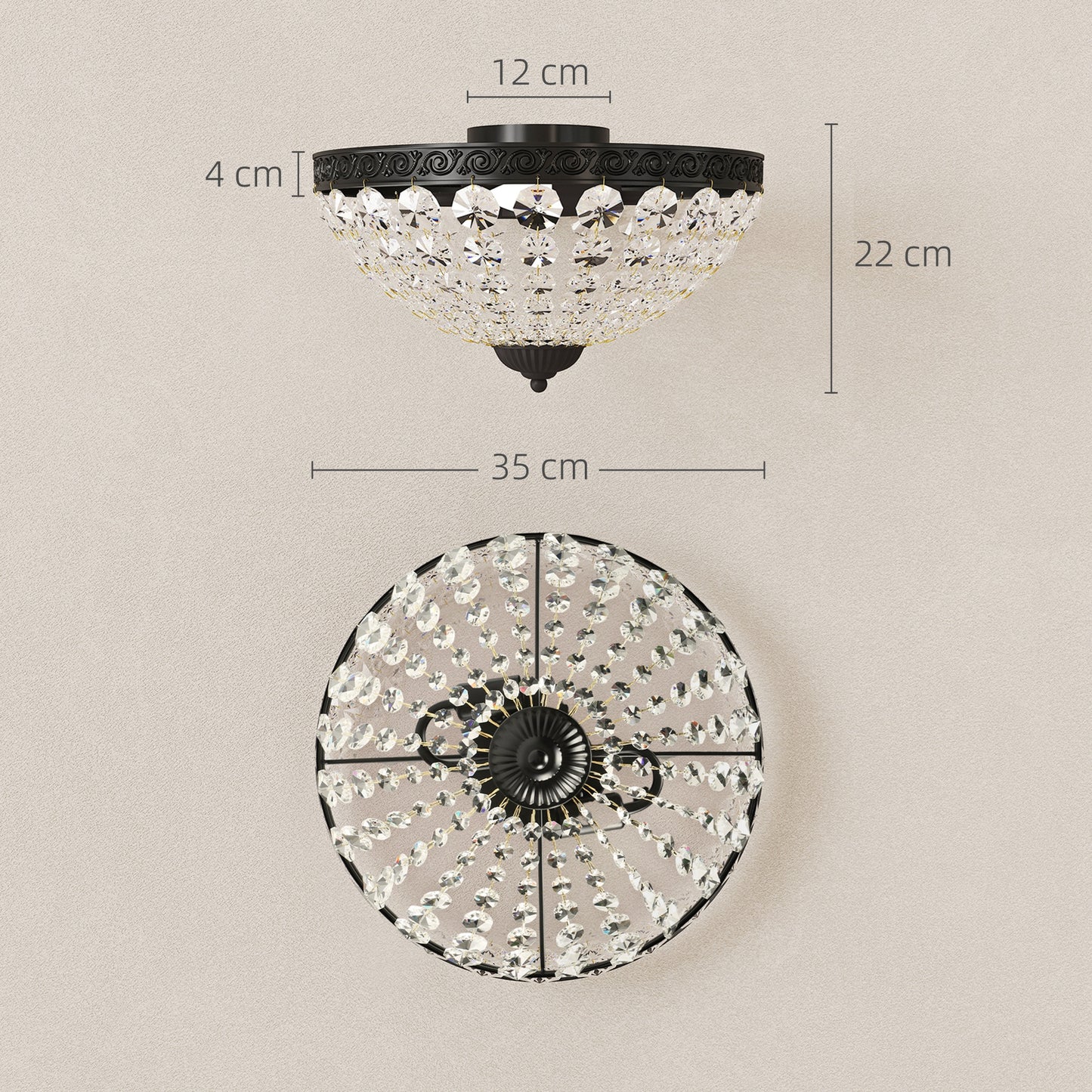 HOMCOM Crystal Chandelier Ceiling Light With 168 Octagonal Beads 2 Light Vintage Flush Mount Black