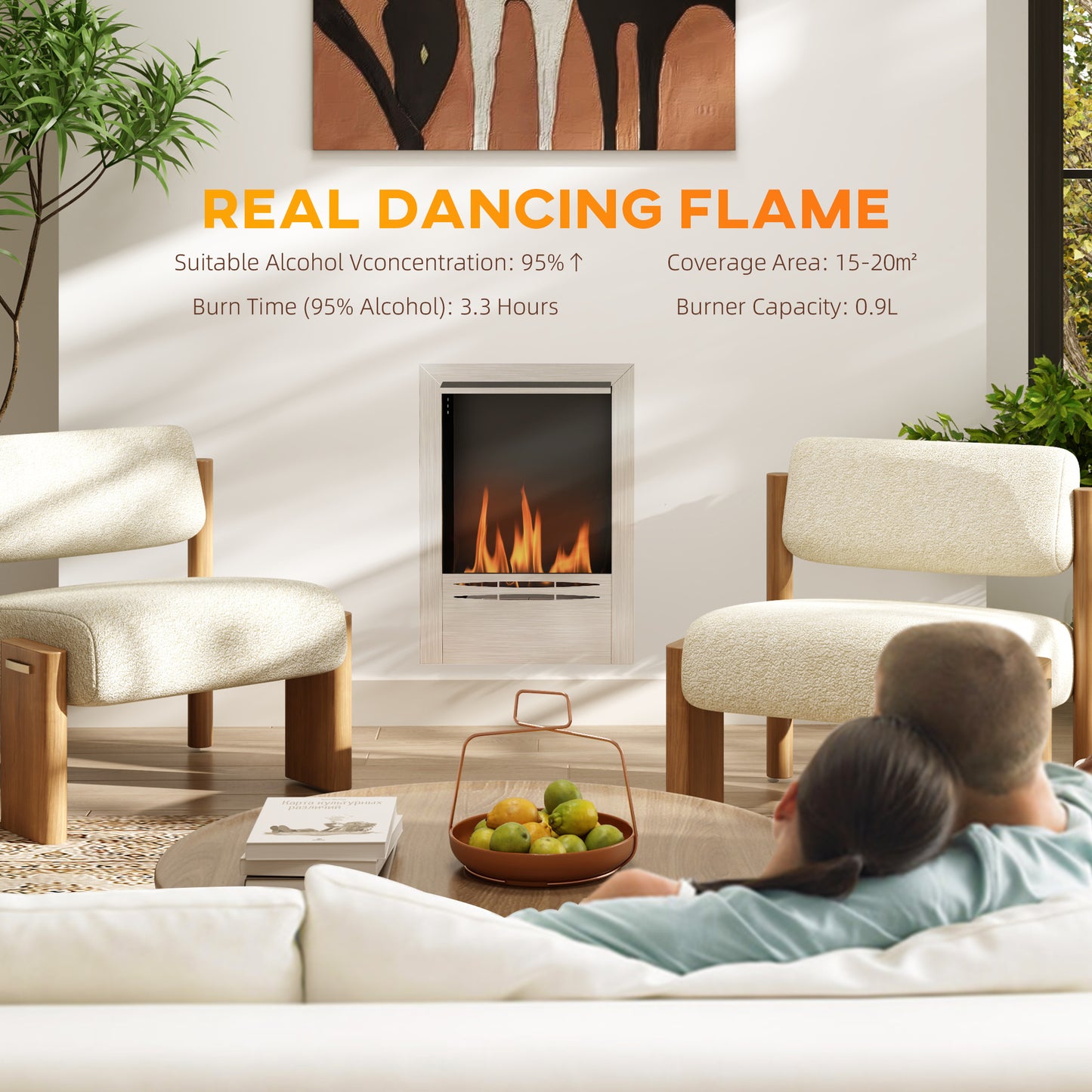 HOMCOM Stainless Steel Bioethanol Fireplace With 0.9L Burner Silver Tone Faux Flame Effect Up To 3.3 Hours Burn Time