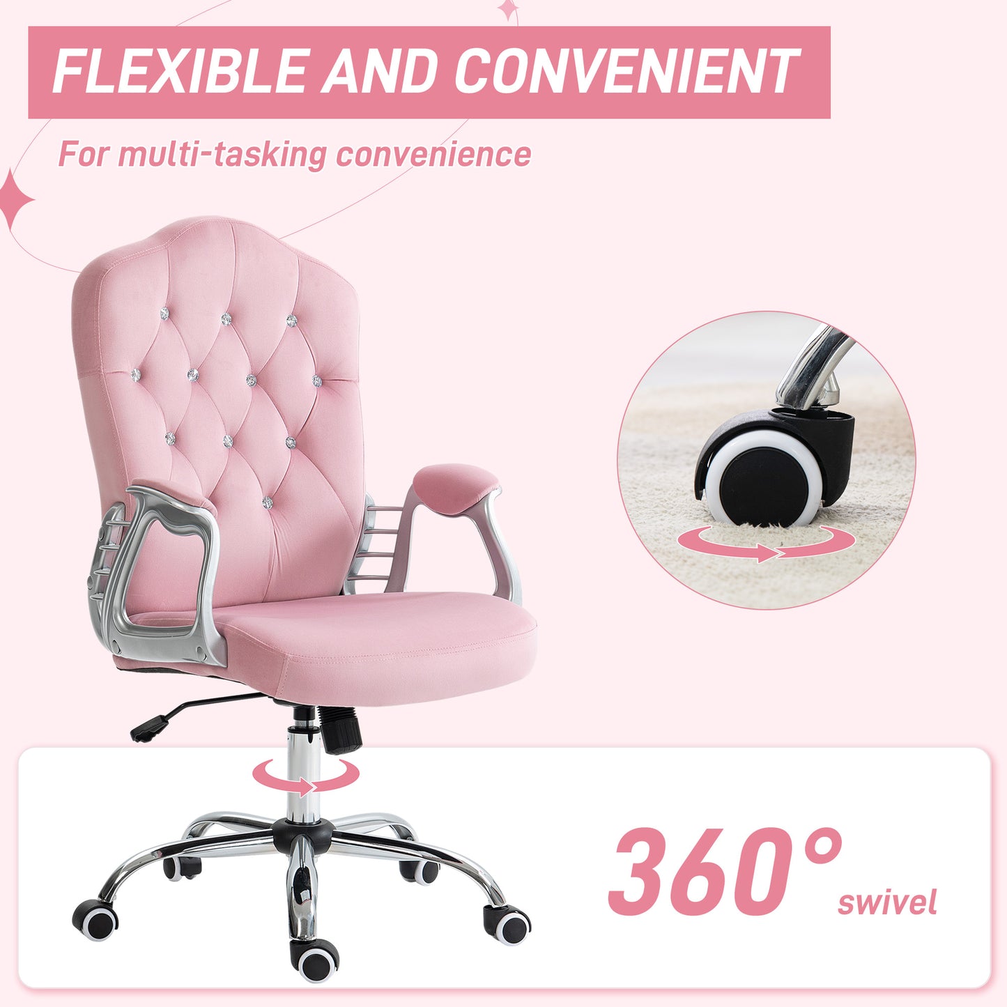 Vinsetto Glamorous Pink Velvet Office Chair with 360° Swivel Wheels and Adjustable Height - ALL4U RETAILER LTD