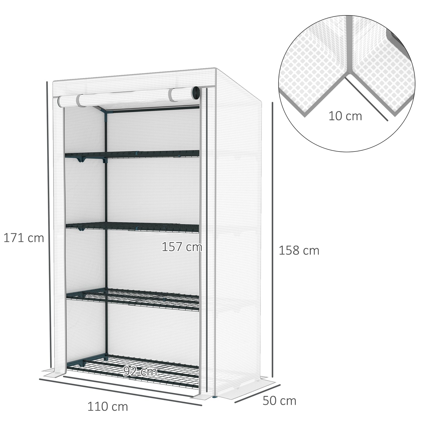Outsunny Four Tier Mini Greenhouse Grey White with 140 g per m2 Plastic Cover and Roll Up Zipped Door