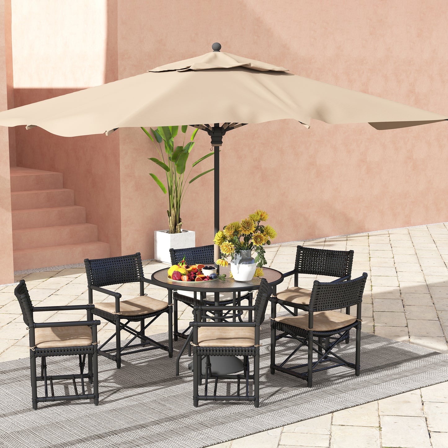 Outsunny Glass Top Outdoor Garden Table with Parasol Hole Black Steel Frame Tempered Glass Bistro Table for Patio