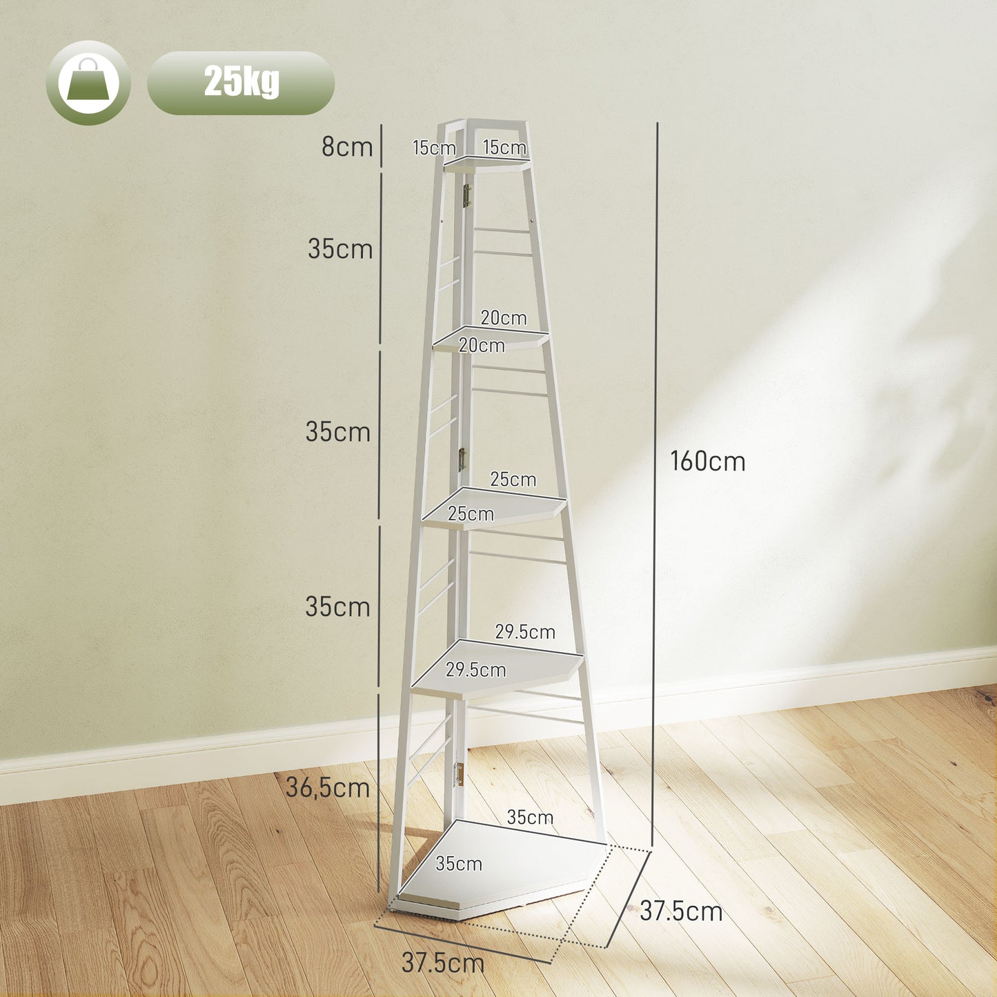 HOMCOM Five Tier Corner Shelf White with Steel Frame and Adjustable Feet for Space Saving Storage