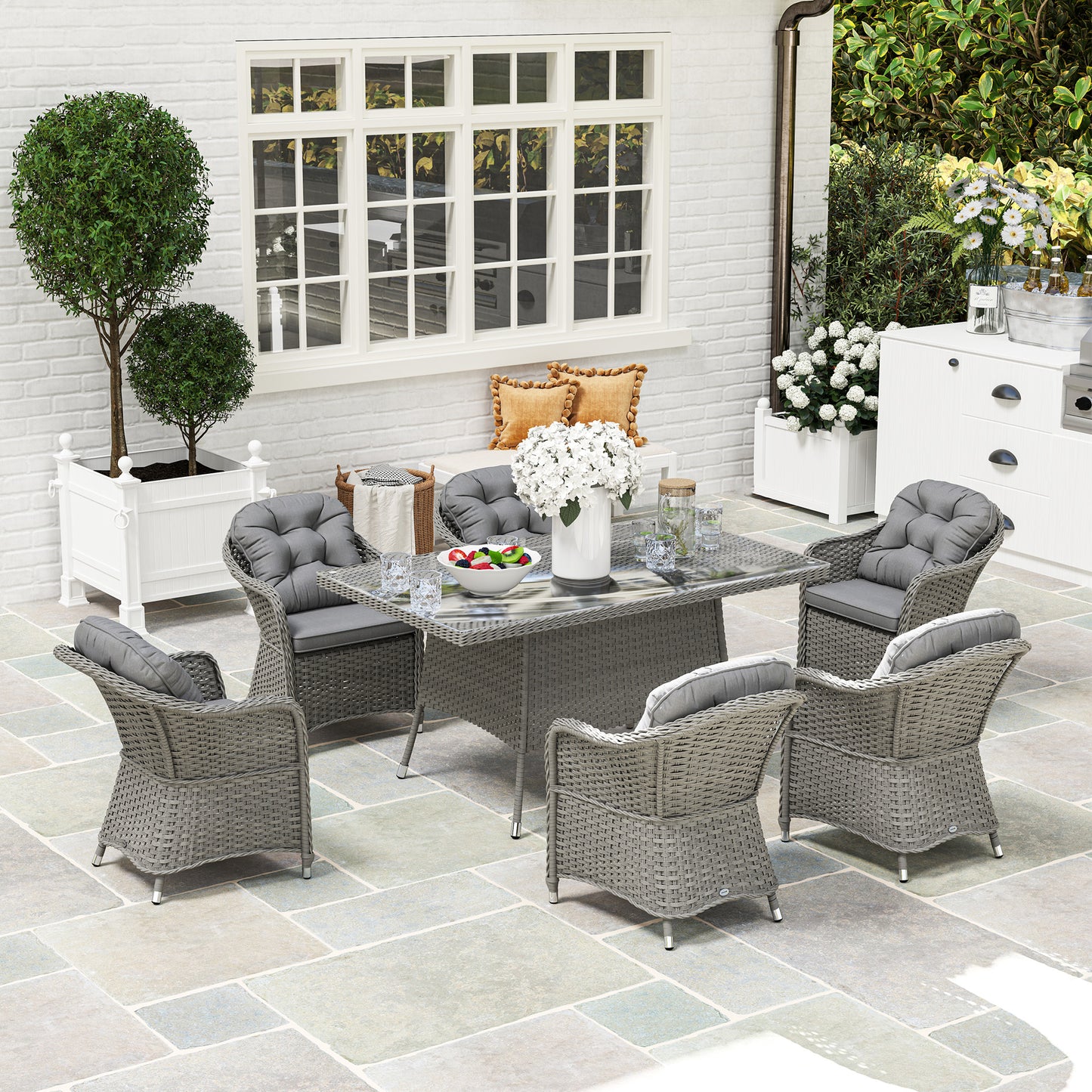 Outsunny Seven-Piece Rattan Dining Set With Six Chairs And Large Table In Light Grey