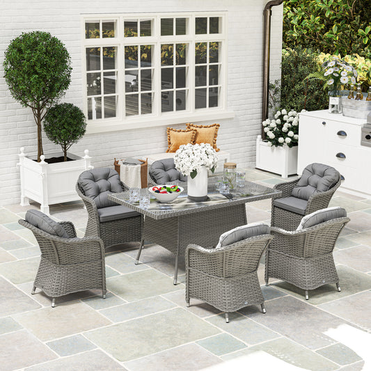 Outsunny Seven-Piece Rattan Dining Set With Six Chairs And Large Table In Light Grey